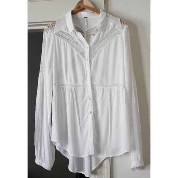 Free People Wild Wind Lace Inset Button Down Blouse, White, Small - Picture 3 of 8